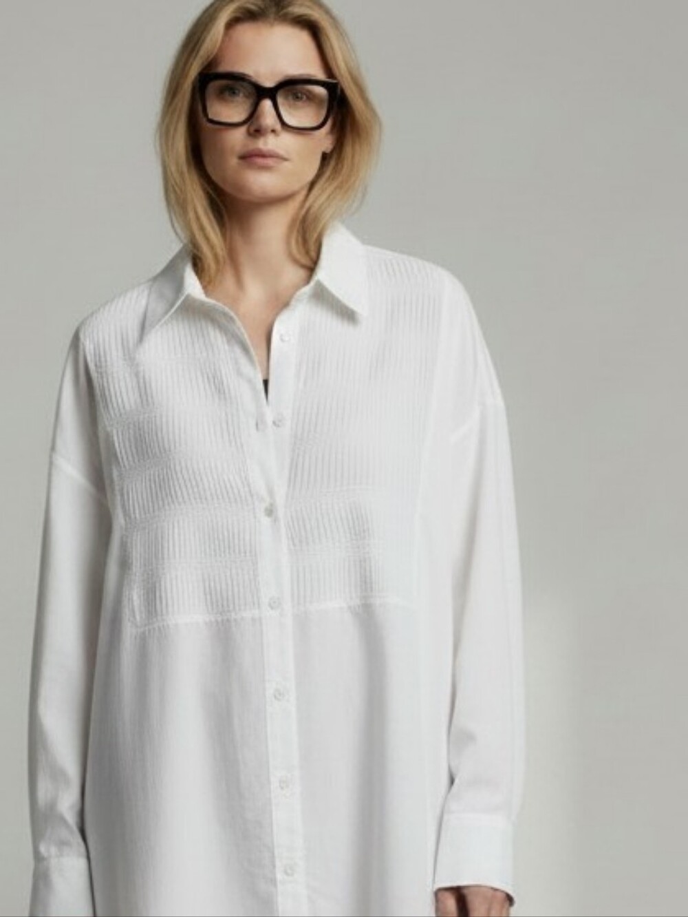Oversized White Pleated Front Button-Up Shirt
